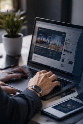 Tangan mengetik di laptop yang menampilkan halaman website